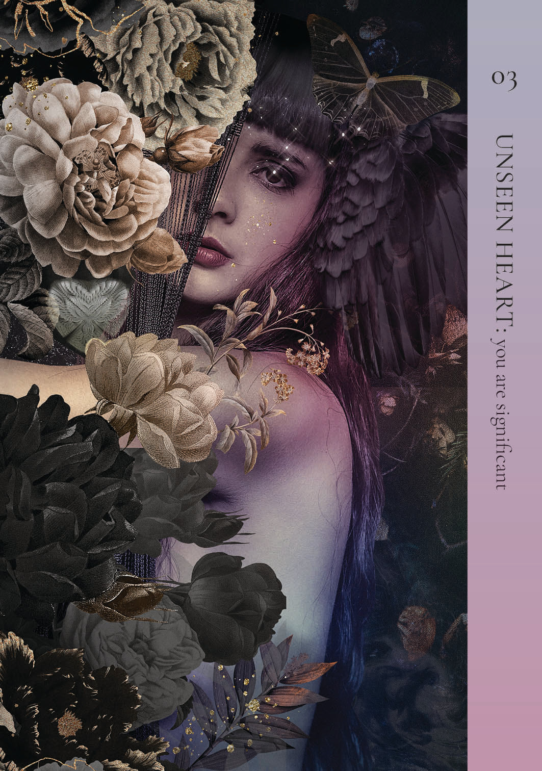 Artistic depiction of a person surrounded by flowers with text on a dark background