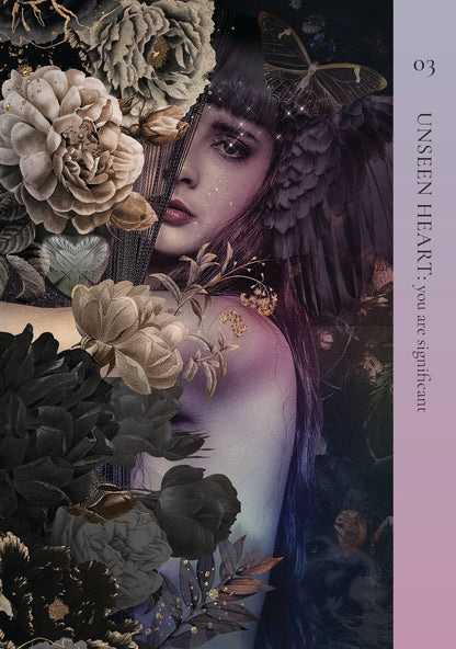 Artistic depiction of a person surrounded by flowers with text on a dark background