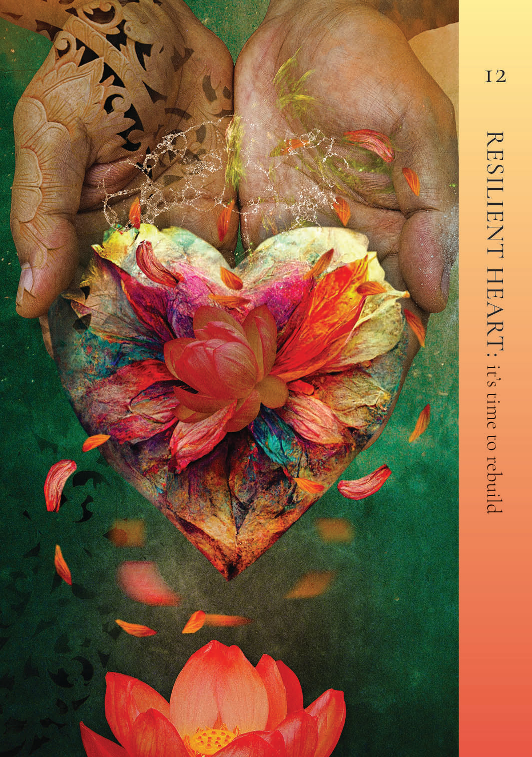Colorful heart-shaped flower in hands with a green and orange gradient background