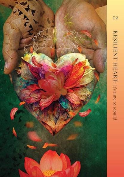 Colorful heart-shaped flower in hands with a green and orange gradient background