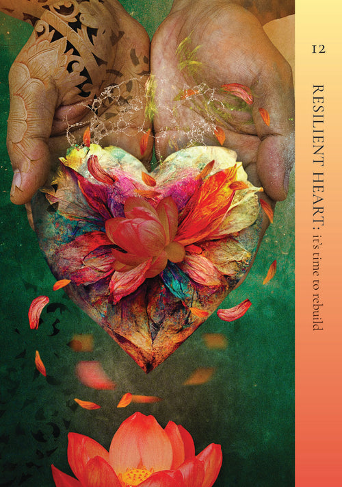 Colorful heart-shaped flower in hands with a green and orange gradient background