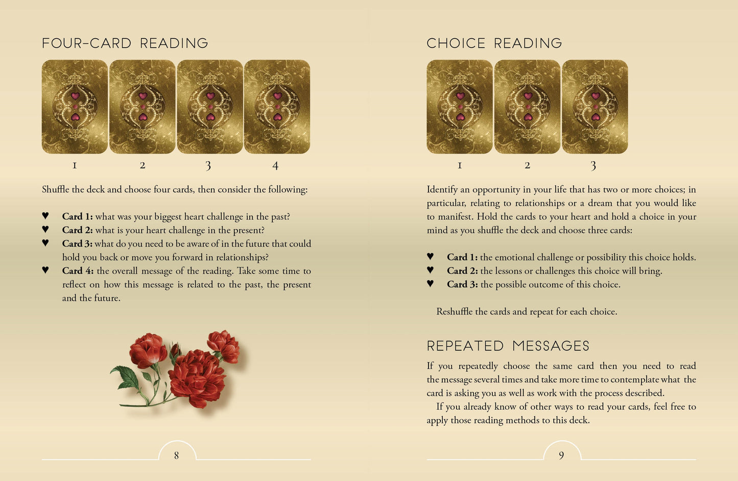Card reading instructions with four cards on a beige background