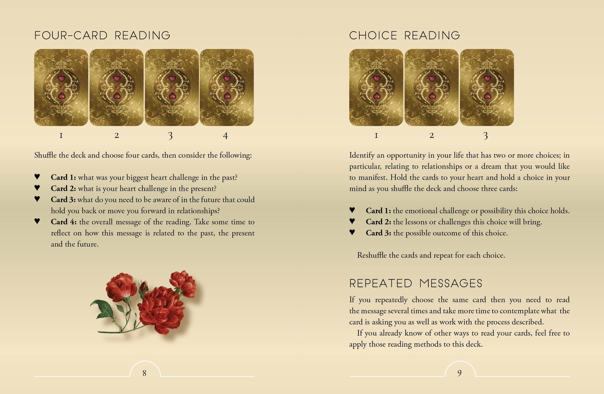 Card reading instructions with four cards on a beige background