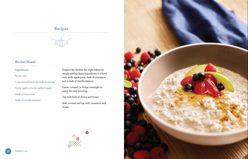 Bowl of porridge with fruits on a wooden table, recipe text on the left