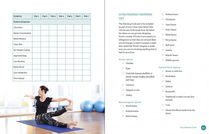 Woman exercising on a mat with a shopping list and calendar on a computer screen.