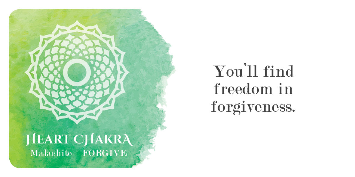 Heart Chakra symbol with text 'You'll find freedom in forgiveness' on a green watercolor background