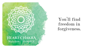 Heart Chakra symbol with text 'You'll find freedom in forgiveness' on a green watercolor background
