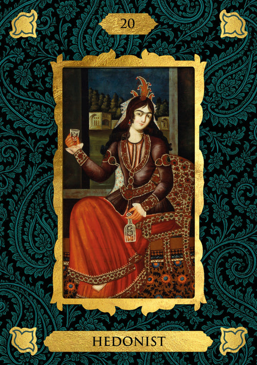 Tarot card featuring a person labeled 'Hedonist' with intricate design elements.