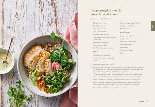 Hemp-crusted chicken & broccoli Buddha bowl with recipe text on a wooden surface