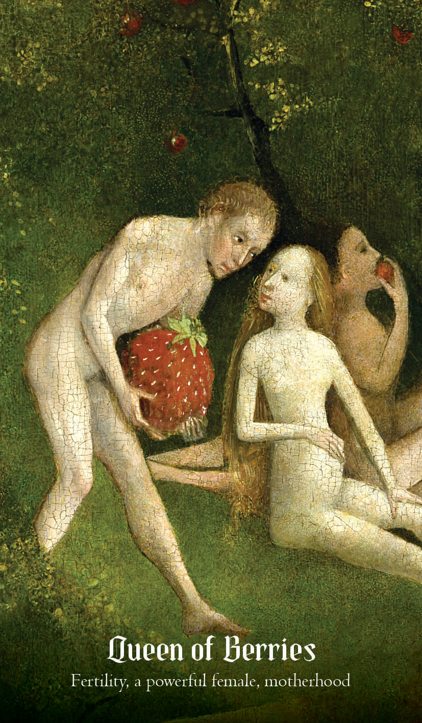 Artistic depiction of a woman holding a strawberry with text 'Queen of Berries' on a green background.