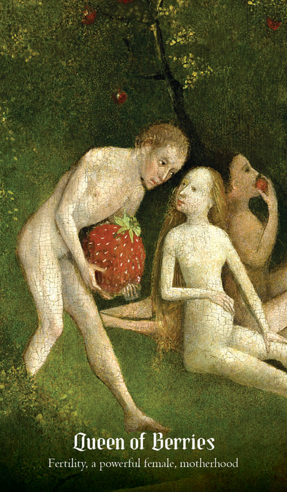 Artistic depiction of a woman holding a strawberry with text 'Queen of Berries' on a green background.