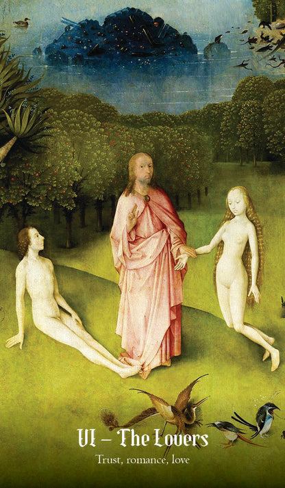 Artistic depiction of 'The Lovers' card from a tarot deck, featuring three figures in a garden setting.