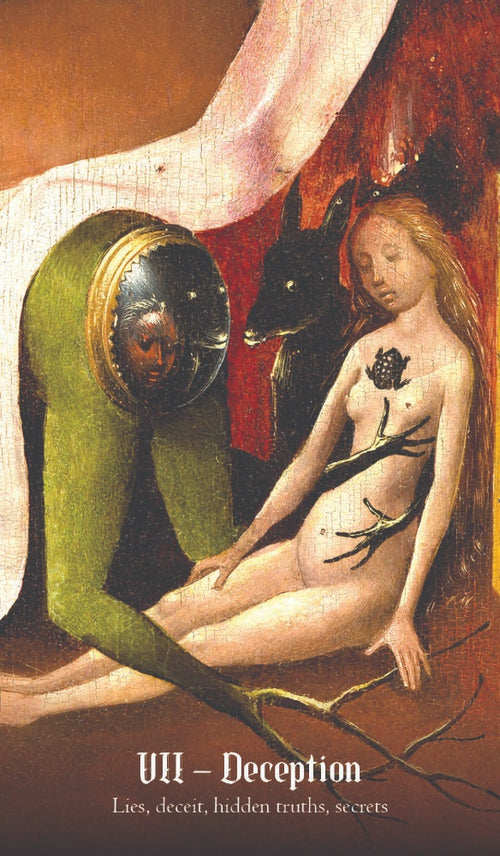 Artistic depiction of a woman with a black dog and helmet, symbolizing deception, on a warm-toned background.