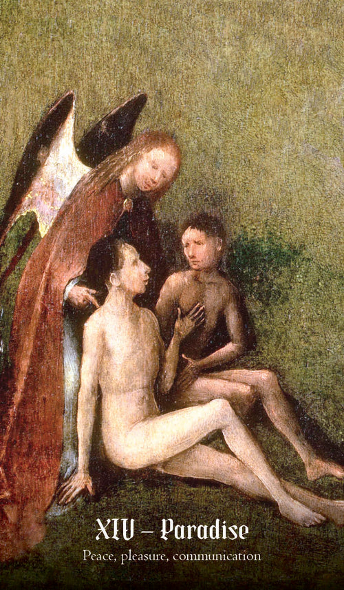 Artistic depiction of Adam and Eve with an angel, labeled 'XIV - Paradise'.