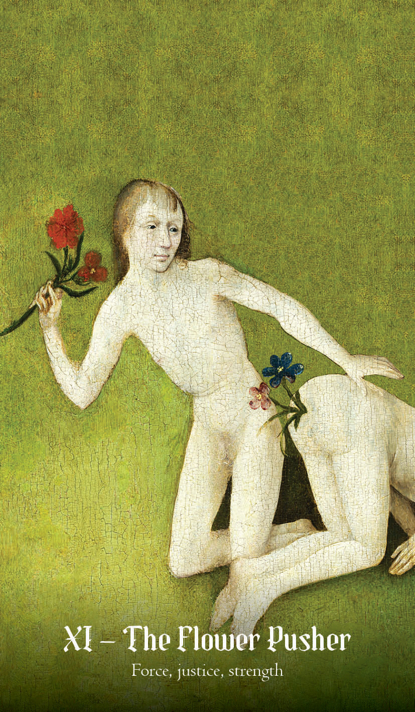 Illustration of a nude figure holding flowers on a green background with text 'XI - The Flower Pusher'.