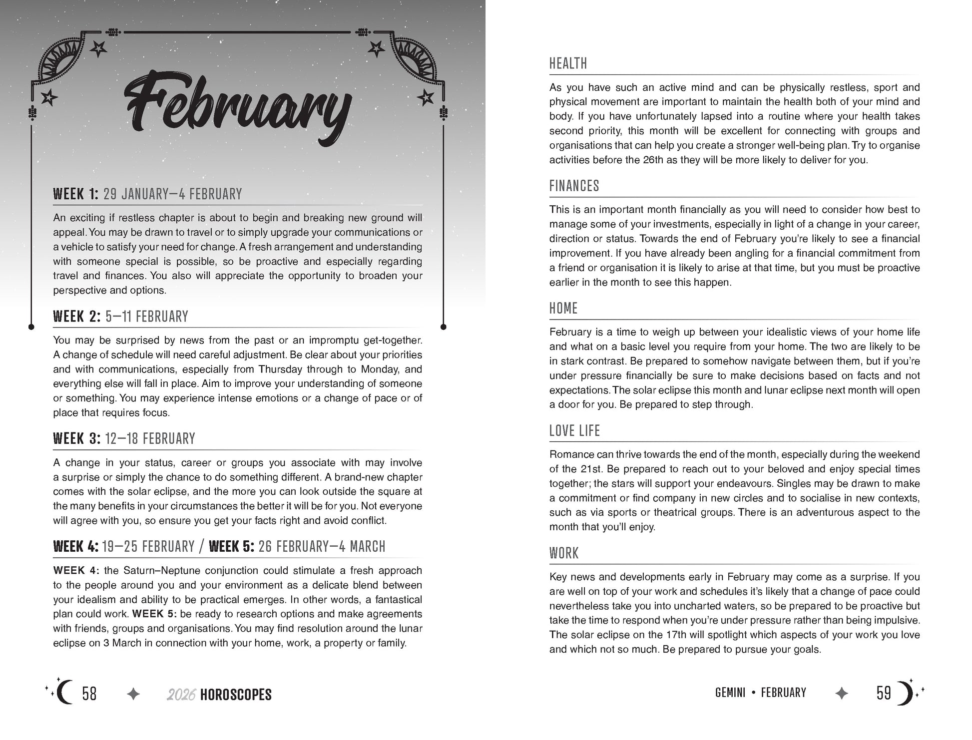 Horoscope page for February with text and decorative elements on a white background