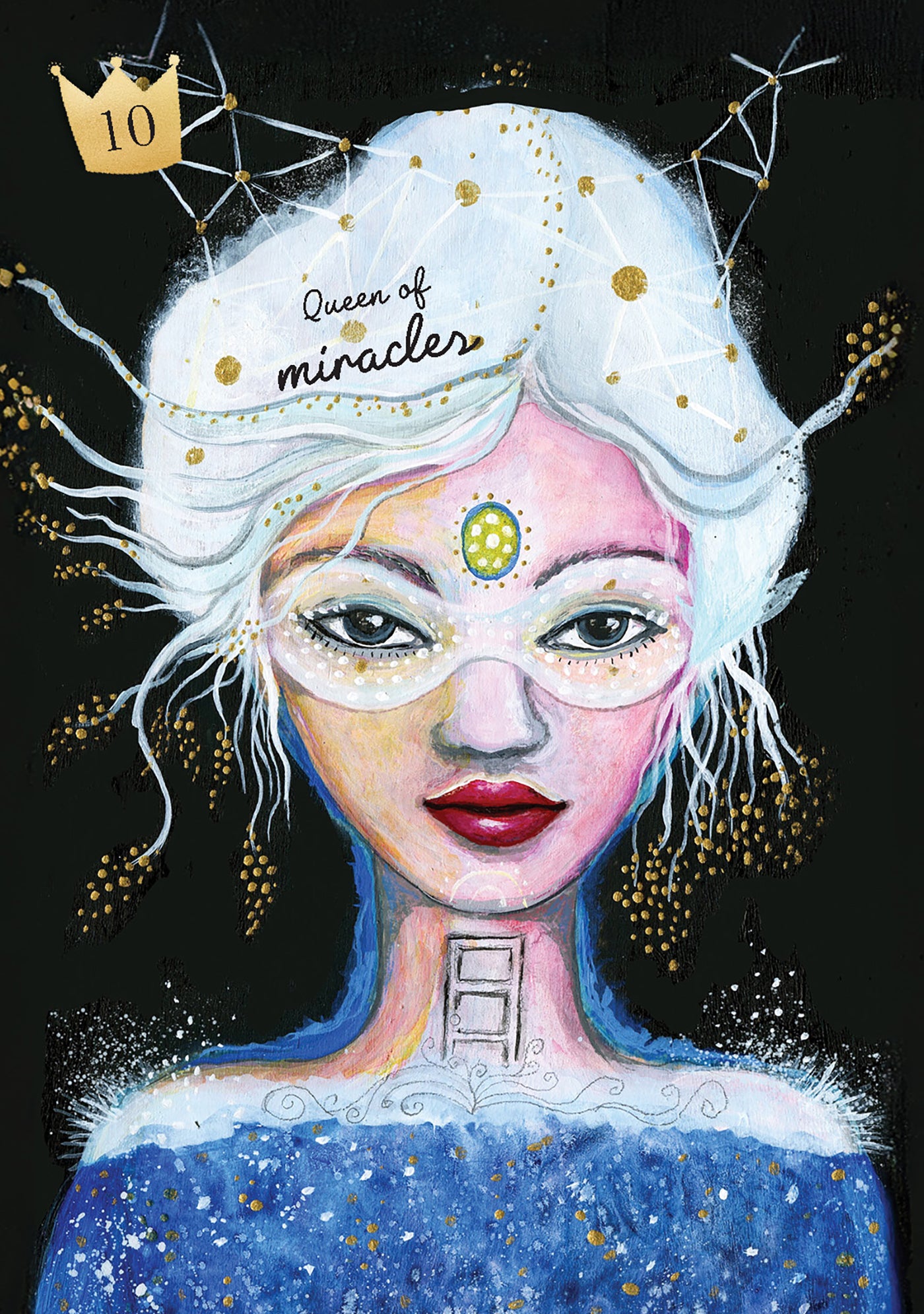 Artistic illustration of a woman with a mask and text 'Queen of miracles' on a black background.