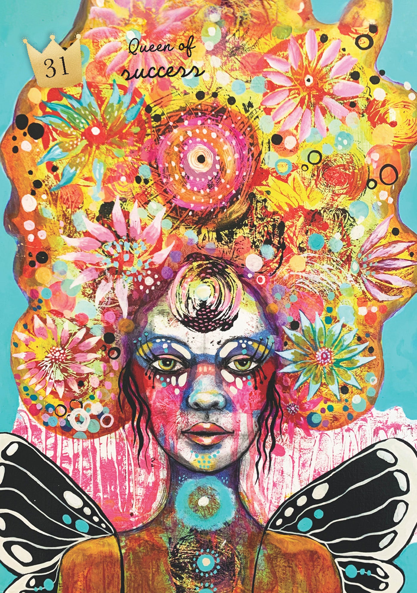 Colorful artwork of a woman's face with floral and abstract designs on a blue background.