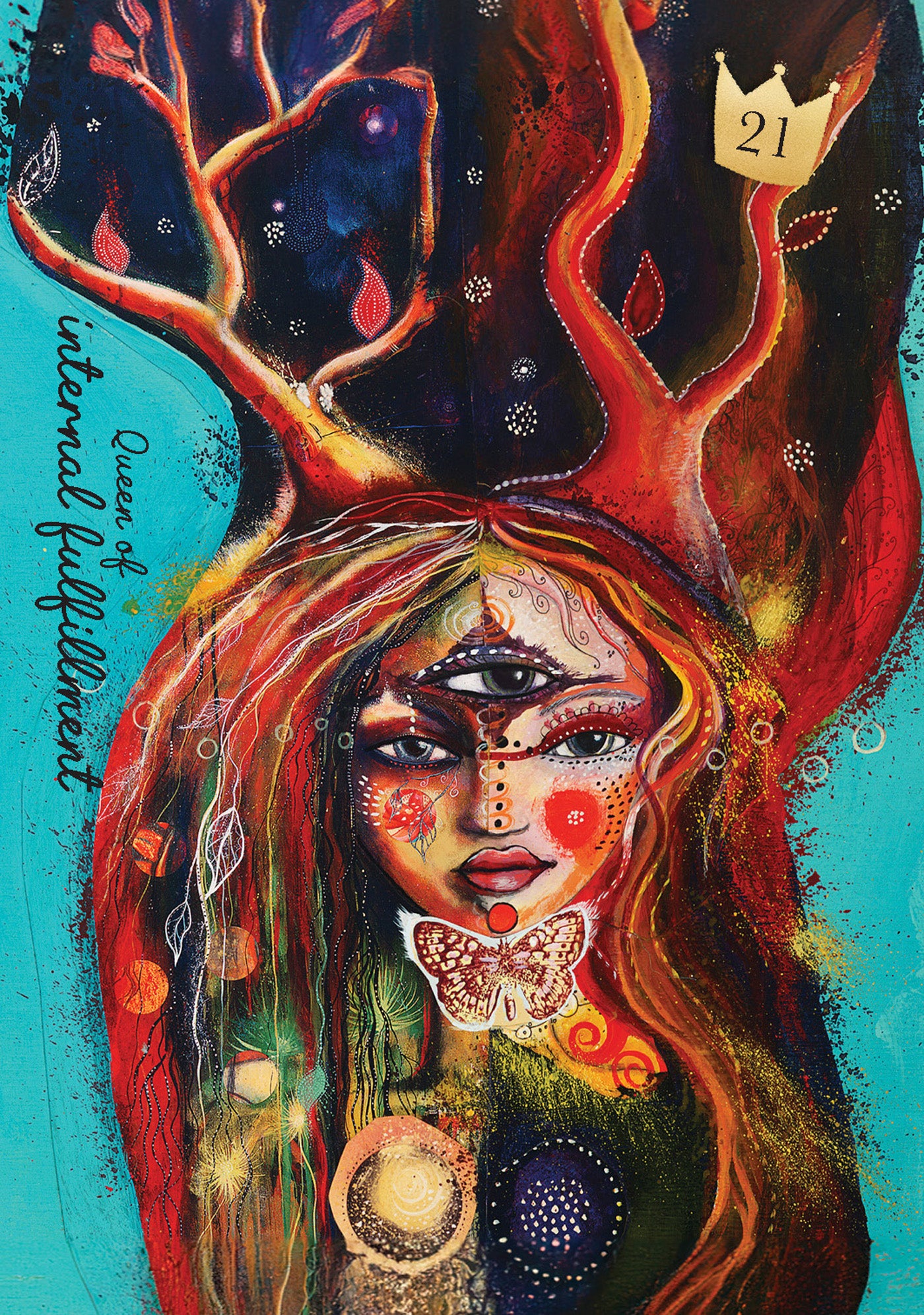 Artistic depiction of a woman with deer antlers and intricate designs, with 'internal fulfillment' text on a colorful background.