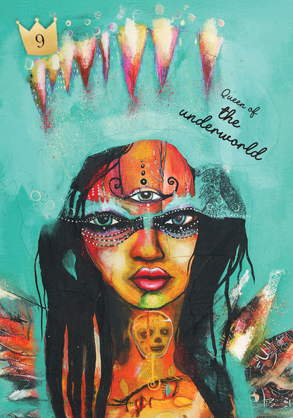Artistic depiction of a woman with intricate designs, titled 'Queen of the Underworld', on a teal background.