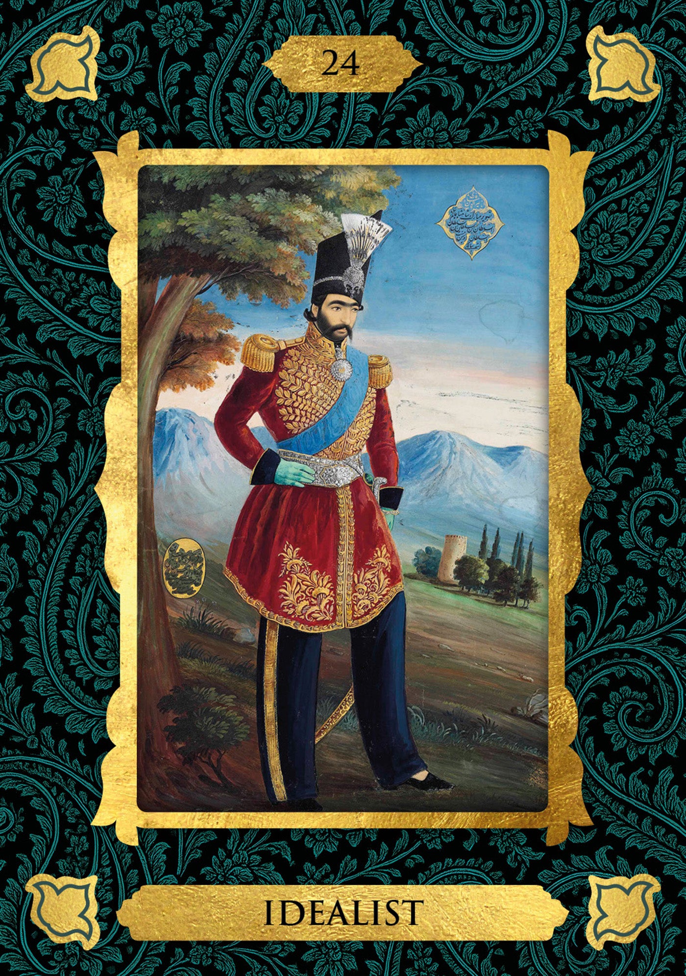 Portrait of a man in formal attire with mountains and trees in the background, framed by decorative elements.
