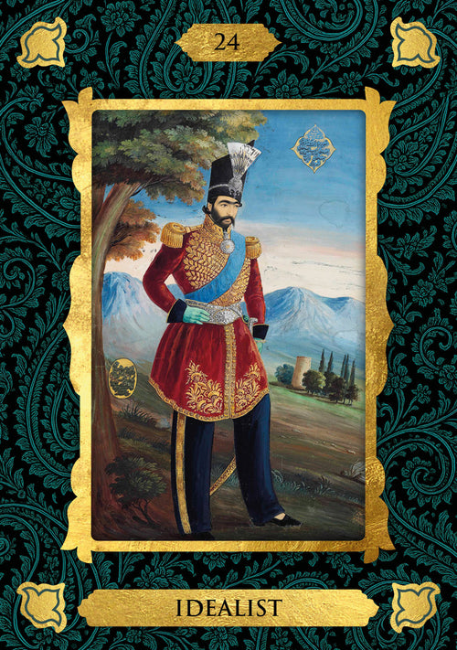 Portrait of a man in formal attire with mountains and trees in the background, framed by decorative elements.