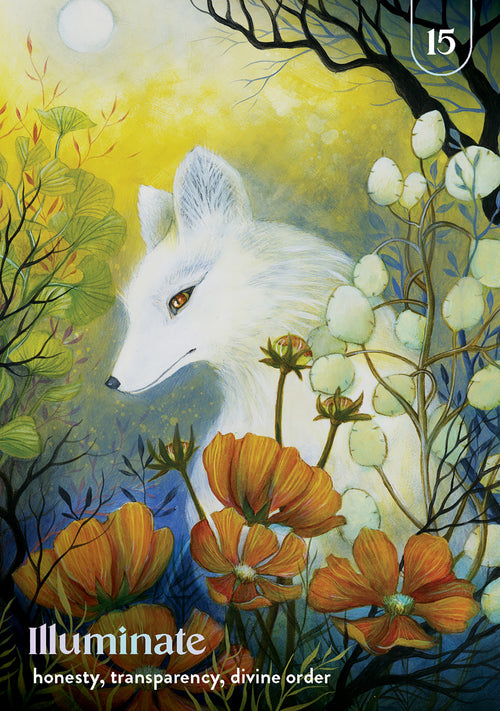 White wolf among flowers with 'Illuminate' text and values on a nature-themed background