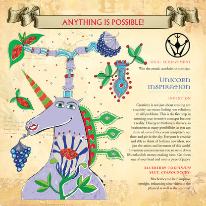 Colorful unicorn illustration with decorative elements and text on a textured background