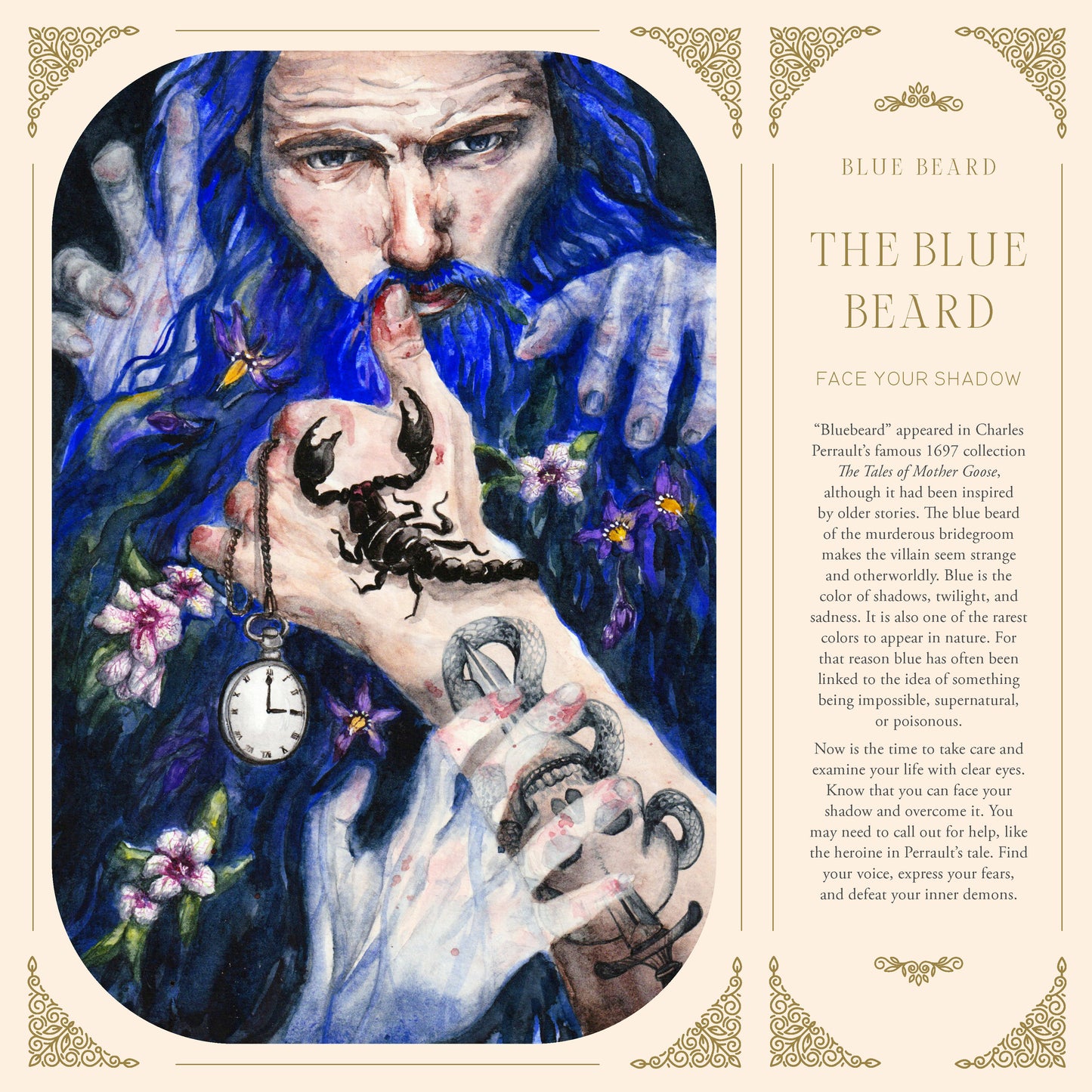 illustration of blue old man with scorpion and watch, with text "the Blue Beard". 