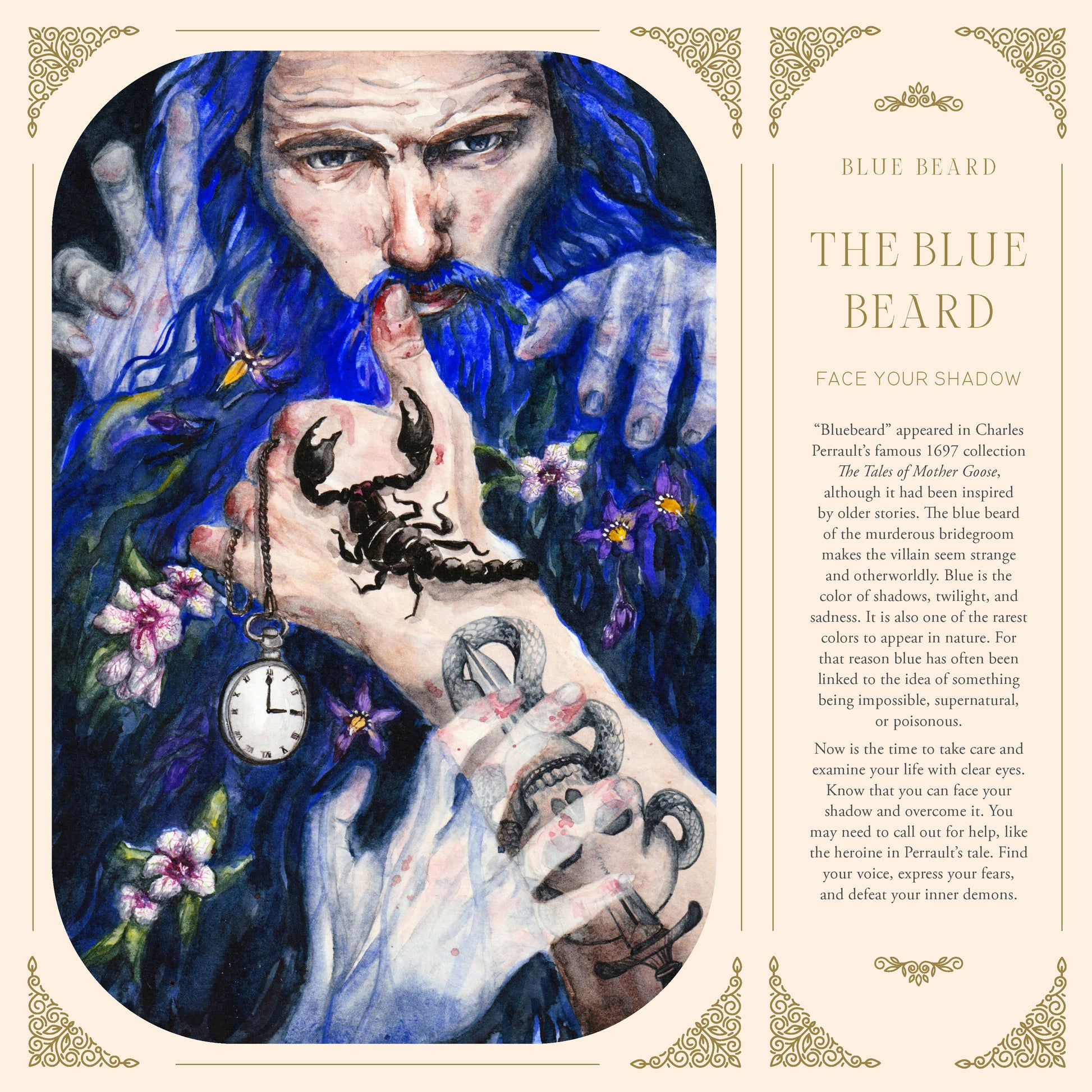 illustration of blue old man with scorpion and watch, with text "the Blue Beard". 