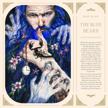 illustration of blue old man with scorpion and watch, with text "the Blue Beard". 