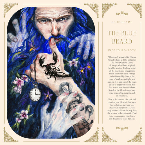 illustration of blue old man with scorpion and watch, with text "the Blue Beard". 