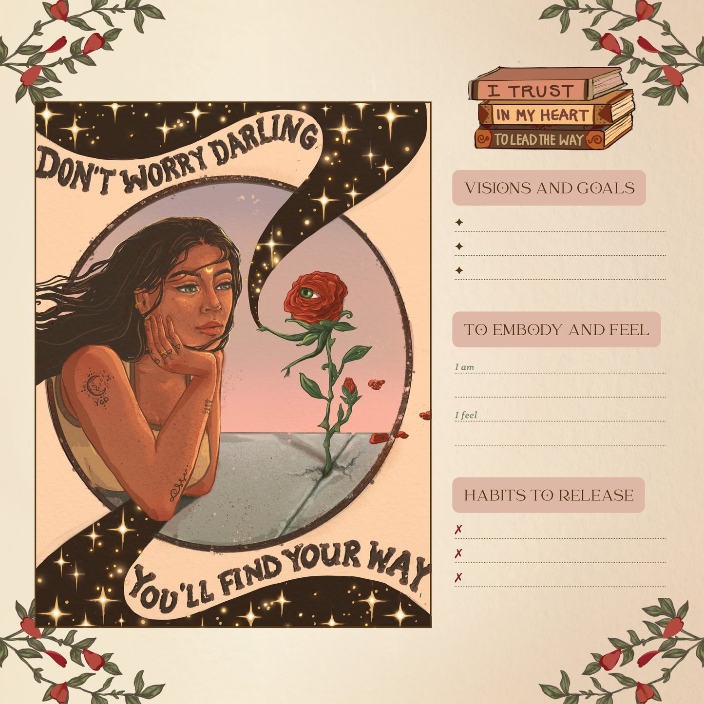 Illustration of a woman with a rose, motivational text, and a planner layout on a beige background.