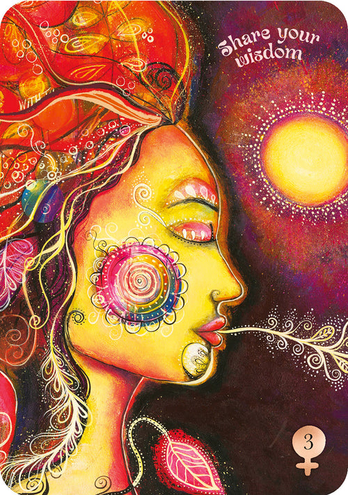 Colorful tarot card with a stylized face and 'Share your wisdom' text