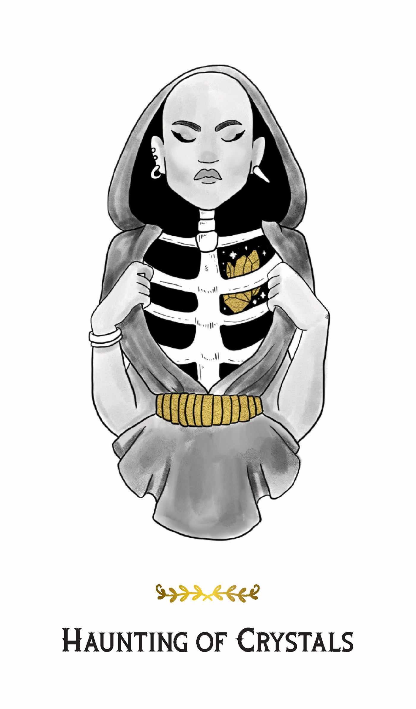 Illustration of a character with a hooded garment and 'Haunting of Crystals' text.