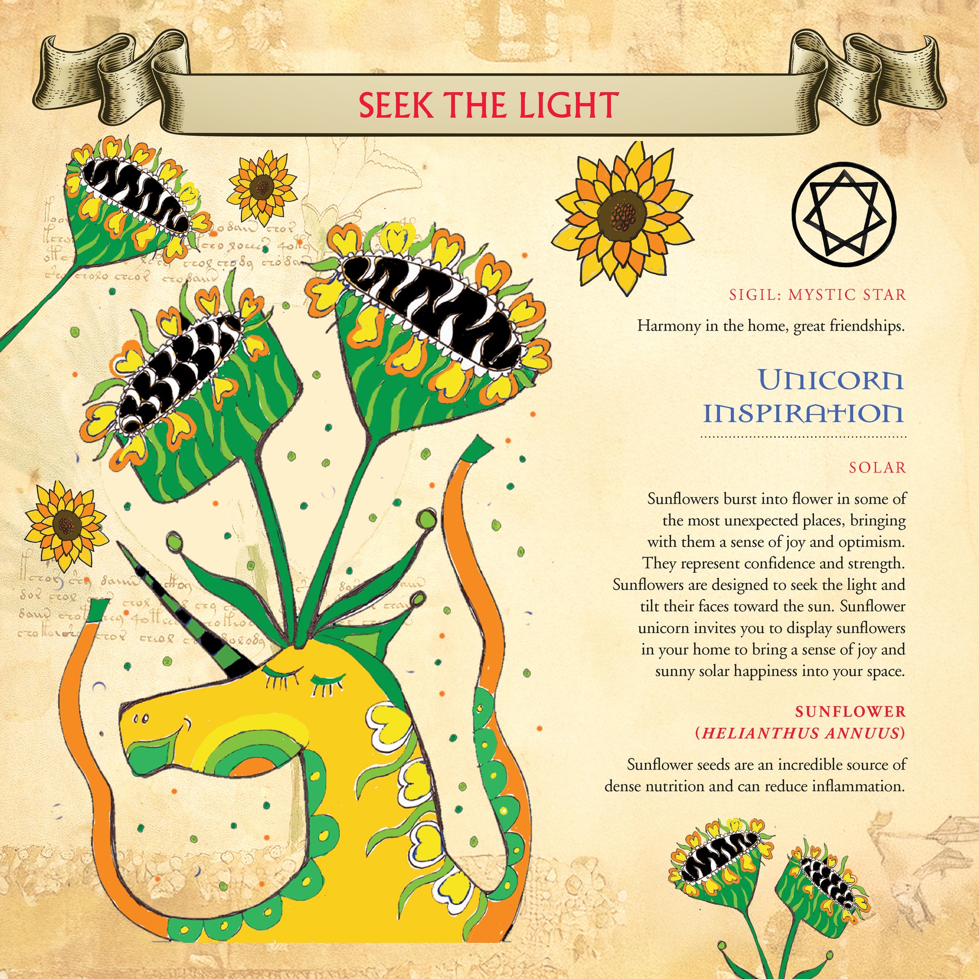Illustration of a unicorn surrounded by sunflowers with text about 'Seek the Light' and 'Unicorn Inspiration'.