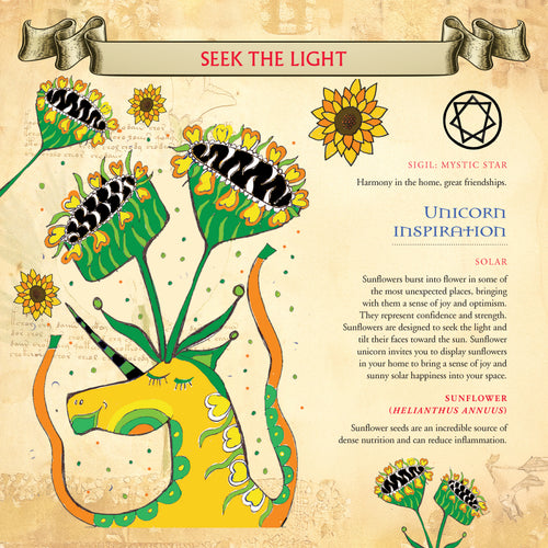 Illustration of a unicorn surrounded by sunflowers with text about 'Seek the Light' and 'Unicorn Inspiration'.