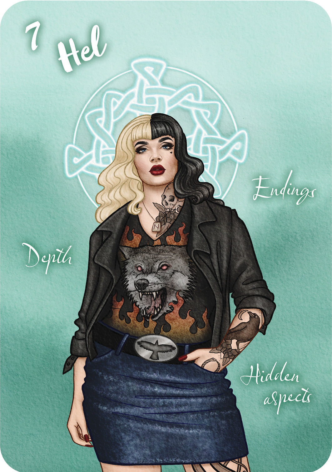 Illustration of a woman with tattoos and a wolf design on her shirt, with text around her on a teal background.