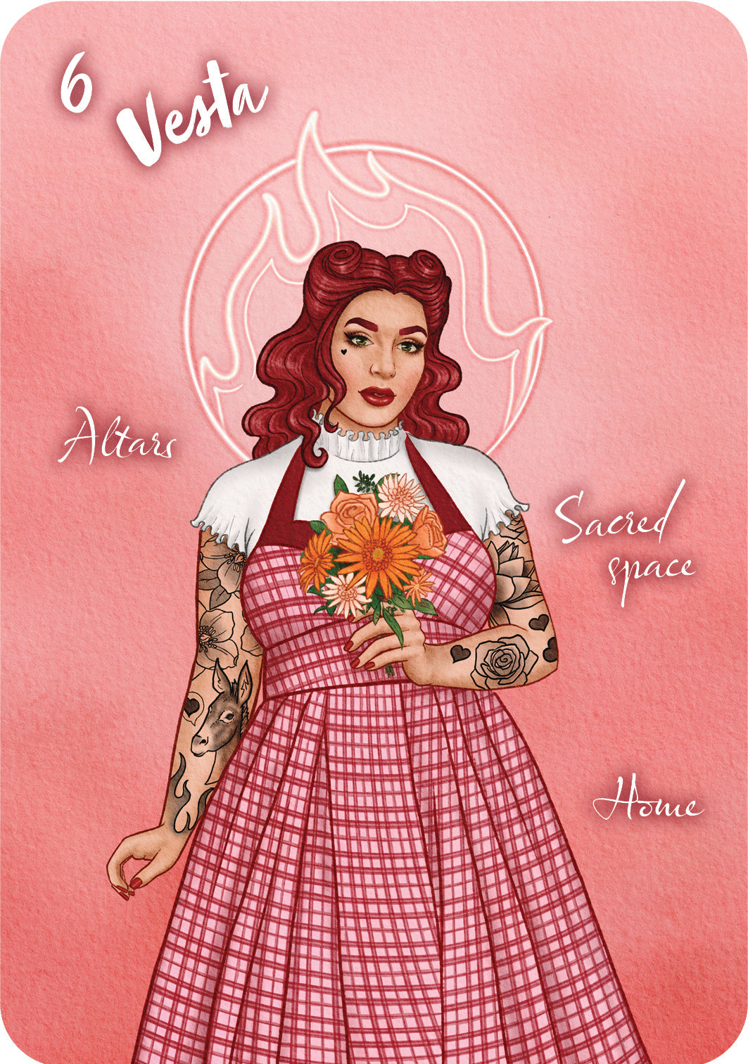 Illustration of a woman with tattoos holding flowers on a pink background, labeled '6 Vesta'.