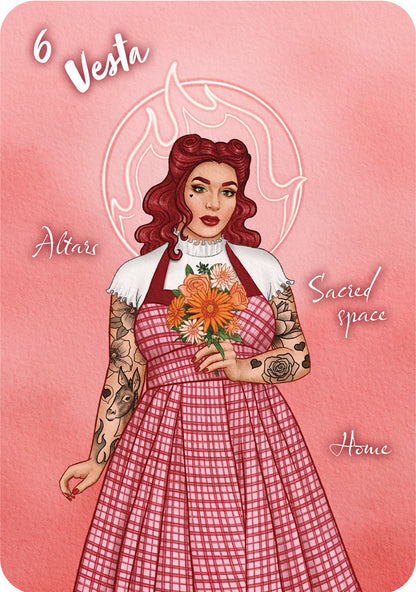 Illustration of a woman with tattoos holding flowers on a pink background, labeled '6 Vesta'.