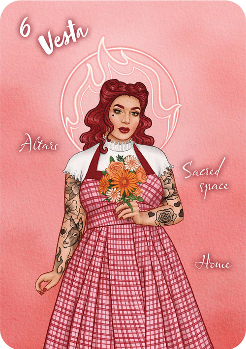 Illustration of a woman with tattoos holding flowers on a pink background, labeled '6 Vesta'.