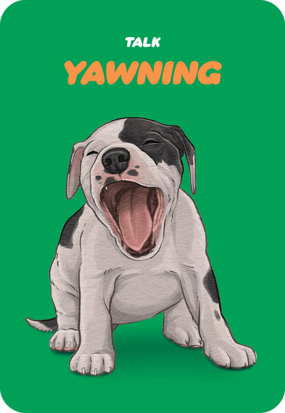 Illustration of a yawning dog on a green background with text.