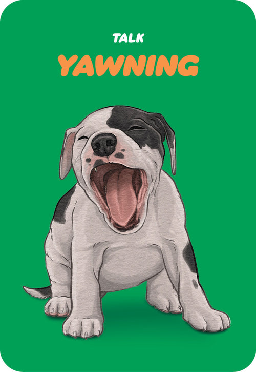 Illustration of a yawning dog on a green background with text.