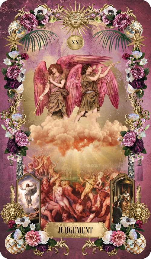 Image of Card from Tarot Divinatorium featuring Angels, with a gold and floral boarder, on a pink background. 