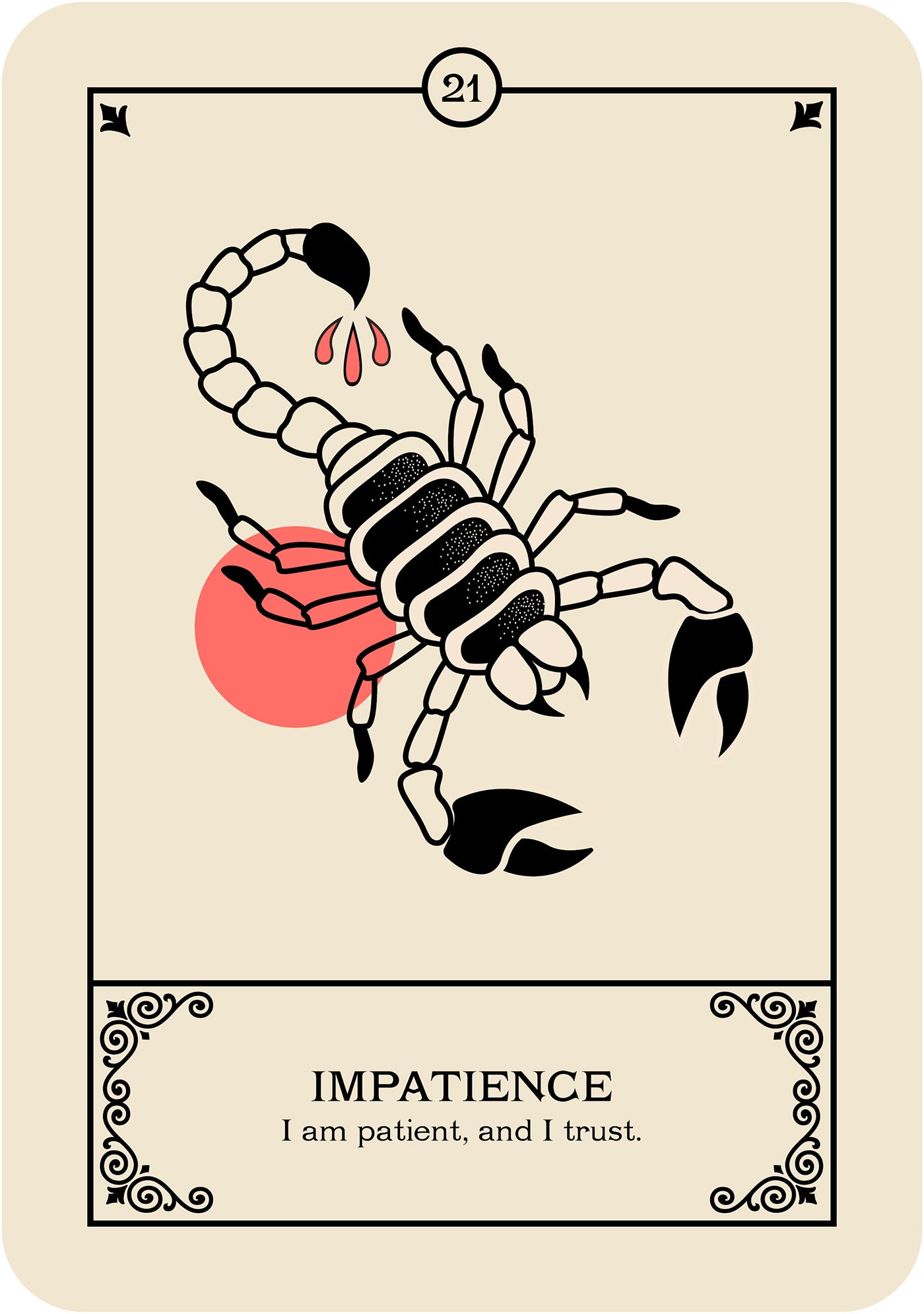 Scorpio zodiac card with a red circle and text on a beige background