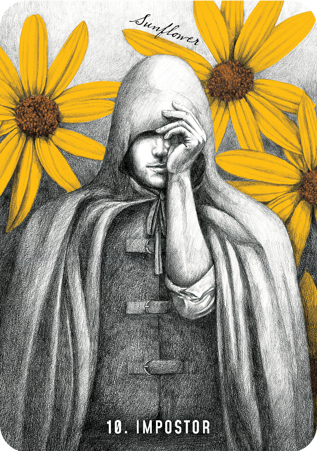 Illustration of a hooded figure with sunflowers in the background, labeled '10. Impostor'.