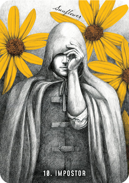 Illustration of a hooded figure with sunflowers in the background, labeled '10. Impostor'.