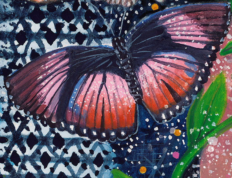 Colorful butterfly illustration on a patterned background