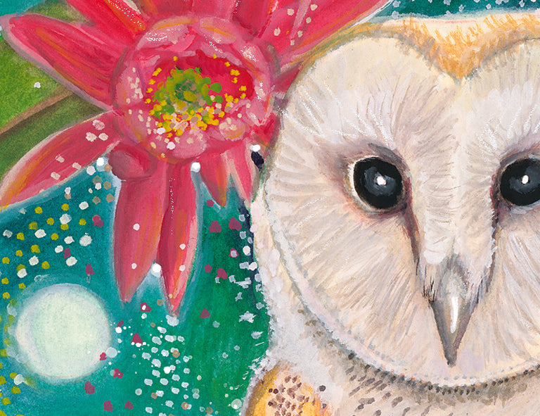 Painting of a barn owl and a pink flower with green background