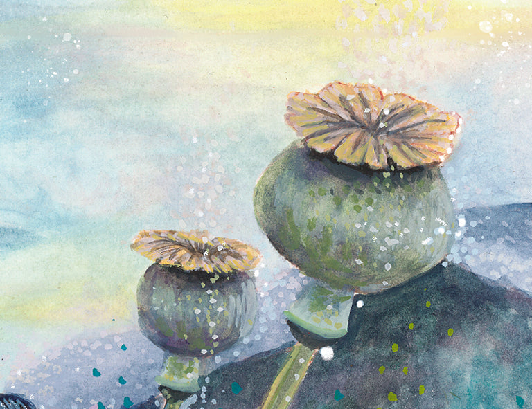 Watercolor illustration of green poppy pods with yellow flowers on a multicolored background